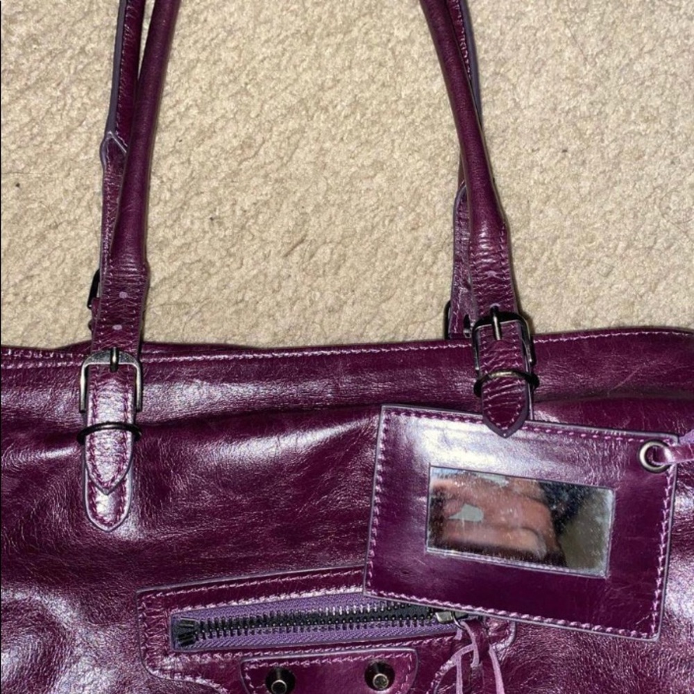 AUTH. BALENCIAGA Purple Papier Leather Large Tote Bag w Mirror RARE GORGEOUS! - Picture 5 of 5